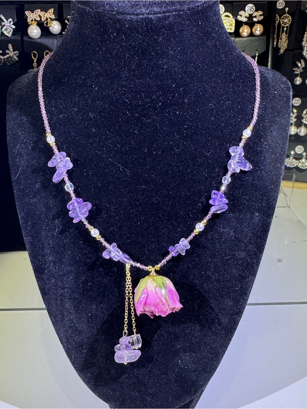 Real Preserved Rose Natural Amethyst Crystal Necklace